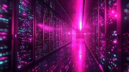Poster - Long corridor featuring rows of servers illuminated in a hightech data center environment
