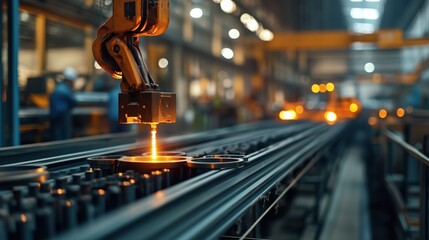 Poster - industrial robot arm processing steel part in manufacturing facility with sparks and equipment in ba