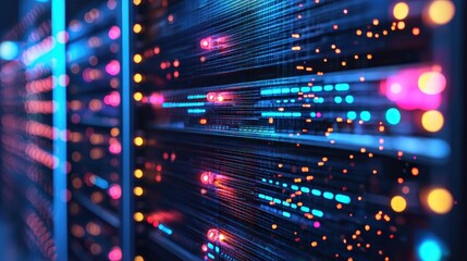 Poster - Colorful server with a spectacle of lights indicating active data transmission and operation