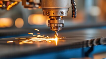 Poster - close-up view of precision laser cutting in a steel industry environment with sparks and metalworker