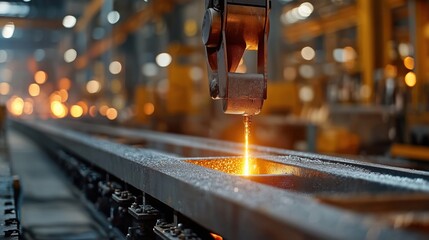 Poster - industrial scene of molten steel pouring from a heavy lifting machine in a metal factory with intens
