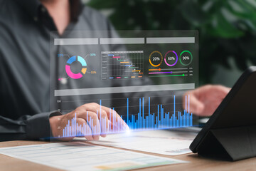 Wall Mural - Business analyst digital business marketing data management, Businessman marketing analysis chart strategic planning, Management System of KPI and metrics, Corporate strategy finance, Sales Marketing