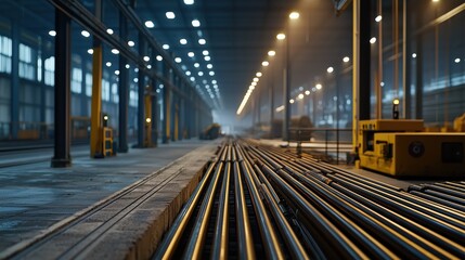 Poster - industrial steel workshop with rows of metal pipes in an illuminated factory environment