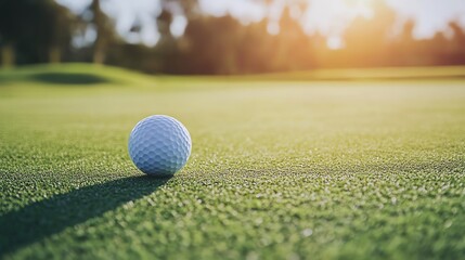 Close-up view of a golf ball on a lush green course, illuminated by warm sunlight, capturing the essence of outdoor sports.