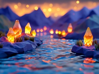 Wall Mural - Glowing Crystals River Landscape at Sunset
