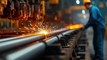 Poster - close-up view of steel manufacturing process with sparks flying in a metal industry factory environm