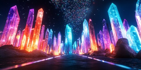 Canvas Print - glowing crystal pathway night landscape fantasy art