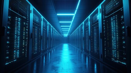 Poster - A long row of highperformance servers in a dedicated server room setup
