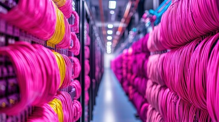 Poster - A vibrant array of pink wires organized neatly in a hightech data center environment