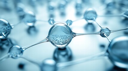 Poster - Group of shiny glass spheres on blue background exhibiting reflection and light play