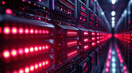 Poster - A bold red and black server room interior highlighting multiple servers with advanced technology