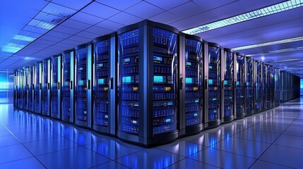 Poster - Modern data center featuring a neatly organized row of highperformance servers