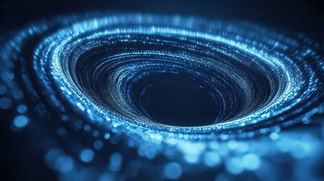 Abstract Blue Particle Vortex: Glowing Energy Swirl on Dark Background