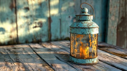 Wall Mural - Old iron lantern with chipped paint, resting on a wooden surface with soft lighting 