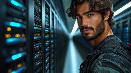 Poster - Man in server room capturing attention by facing the camera amidst technology