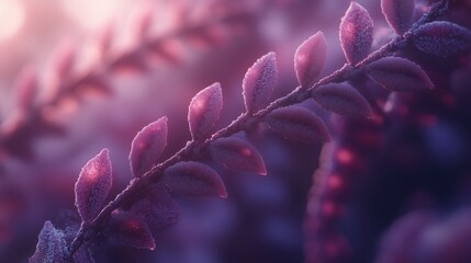 Wall Mural - Close-up of vibrant purple fern leaves glistening in soft light, evoking a sense of tranquility and connection to nature.