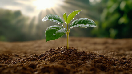 Wall Mural - close up view of small seedling with fresh green leaves, planted in rich soil, glistening with water droplets. sunlight creates warm, hopeful atmosphere