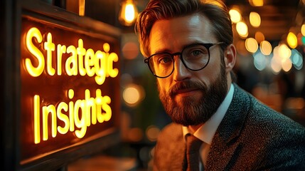 Poster - Confident CEO Reviewing Strategic Insights Report in Glowing Corporate Setting