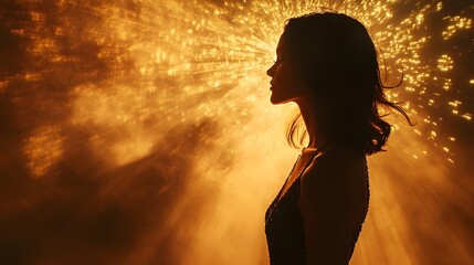 Poster - Dramatic silhouette of a person standing against a fiery explosion of radiant sunlight bursting forth in a glowing luminous sky  The intense brilliant rays of light create a powerful