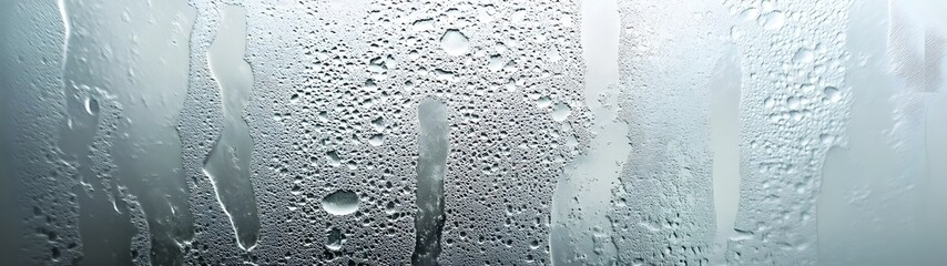 Leinwandbilder - Close up view of a rainy window with condensed water droplets and beads of moisture forming a natural abstract pattern on the glass surface