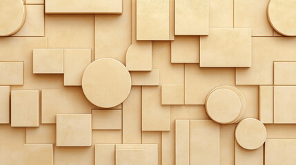 Poster - Minimalist design featuring geometric shapes in soft beige color palette, creating modern and elegant aesthetic. arrangement of circles and rectangles adds depth and texture
