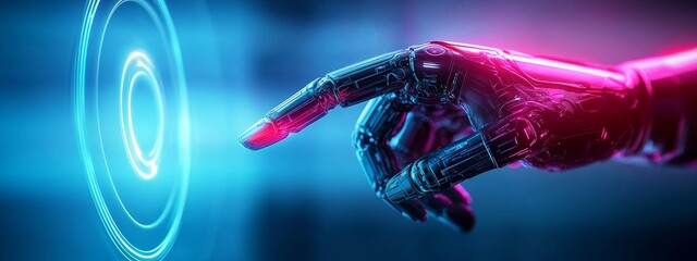 Poster - In a cyber space realm, a 3D humanoid robot navigates through an automated digital landscape of the future stock industry, interwoven with the metaverse, augmented reality, and advanced AI technology