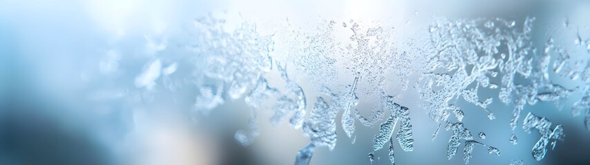 Poster - Closeup view of delicate intricate frost crystals and icicles glistening and sparkling on a frozen surface in a serene atmospheric winter landscape  The delicate