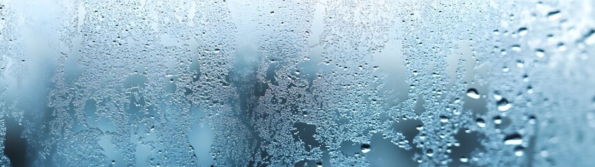 Aufkleber - Closeup view of frozen water droplets and condensation covering a glass window creating a abstract and reflective pattern  The blurry landscape outside is visible through the wet and chilly window