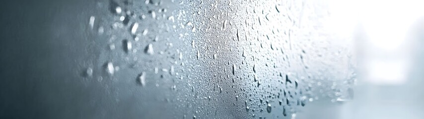 Fototapete - Closeup view of water droplets and condensation on a gray glass window creating a moody abstract nature background with a sense of tranquility and contemplation  The wet