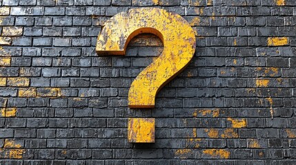 Poster - Bright yellow question mark graffiti on textured brick wall in urban environment