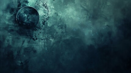 Wall Mural - a dark green, abstract cosmic background with a lone planet.