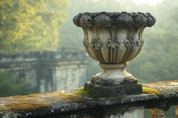 stone urn with ornate detailing rests on a moss-covered balustrade overlooking a blurred background 