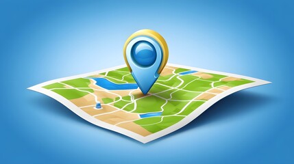 Aufkleber - Detailed 3D rendering of a location pin or pointer icon placed on a vibrant colorful geographic map or landscape background showcasing the technology and visual interface of travel