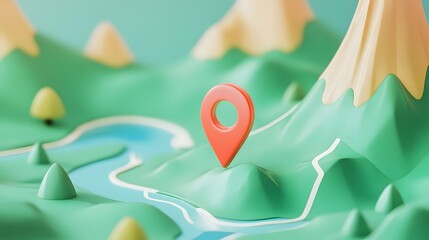 Aufkleber - Detailed and immersive 3D rendered digital depicting a scenic mountain landscape with a navigational map pointer indicating a hiking trail or journey destination