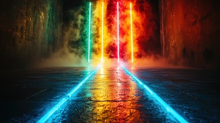 Poster - Bright neon lights illuminating a mysterious tunnel venturing into darkness