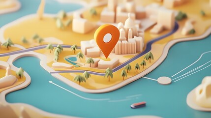 Aufkleber - Detailed Illustrated Map with GPS Marker Pin for Outdoor Adventure and Travel   Colorful Panoramic Landscape with Mountains Rivers and Lush Vegetation