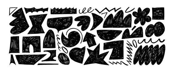 Leinwandbilder - Funky abstract geometric shapes and figures drawn by black crayon. Hand drawn doodle contemporary shapes.