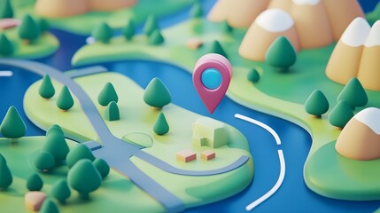 Aufkleber - Detailed map pin location icon placed in the center of a picturesque countryside landscape with rolling green hills a winding river and snow capped mountain peaks in the distance