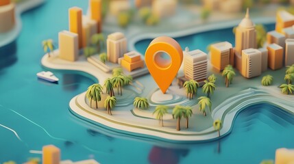 Poster - Detailed miniature model of a vibrant modern city skyline with skyscrapers landmarks and a prominent geo location marker showcasing an interactive urban landscape design for tourism real estate