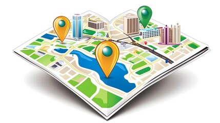 Poster - Detailed of a city map with GPS pins and markers indicating various key landmarks buildings transportation and other urban infrastructure  The map showcases a digital