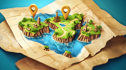 Aufkleber - Detailed vintage style treasure map with compass pins highlighting scenic natural landmarks like mountains waterfalls and islands  Concept of wayfinding in the great outdoors