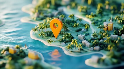 Aufkleber - Digital depicting a stylized map with lush vegetation a pond and a navigation pin symbolizing the journey of discovery through nature