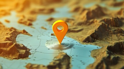 Aufkleber - Digital map pin or pointer icon placed on a rugged mountainous terrain providing direction location and navigation information for and expedition planning