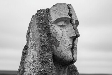 a weathered stone sculpture of a serene face, marred by cracks, stands against a soft, diffused back
