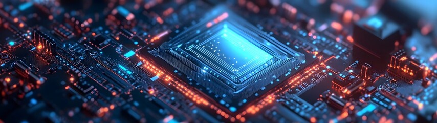 Fototapete - Futuristic cyberpunk style circuit board technology backdrop with vibrant glowing digital microchips complex integrated system of electronic components and high tech industrial design elements