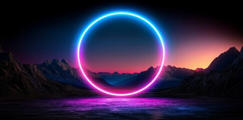 Poster - 3D rendering of an abstract futuristic technology concept with neon waves at night