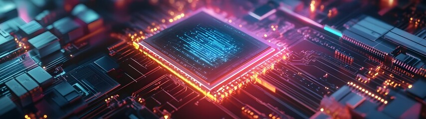 Fototapete - Futuristic digital circuit processor chip microchip engineering technology abstract background with glowing data and energy flows  Concept of intelligence machine learning