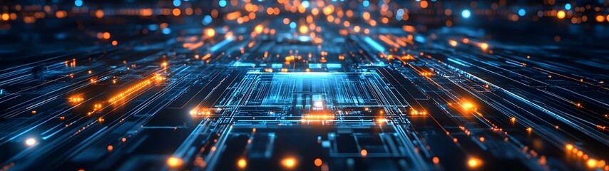 Fototapete - Futuristic digital network landscape with glowing circuits data flows and geometric patterns  Representing the complexity and interconnectivity of modern intelligence and the digital world