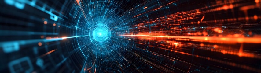 Poster - Futuristic digital portal opening into an abstract realm of interconnected energy luminous particle flows and data visualizations