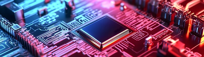 Poster - Futuristic electronic circuit board with CPU processor chip and microchips  Technology innovation and engineering concept with digital data and connection